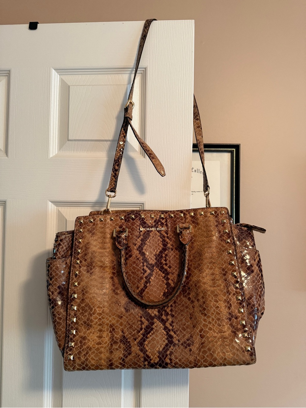 Michael Kors Tan Brown Snake-Print Tote with Stud Trim